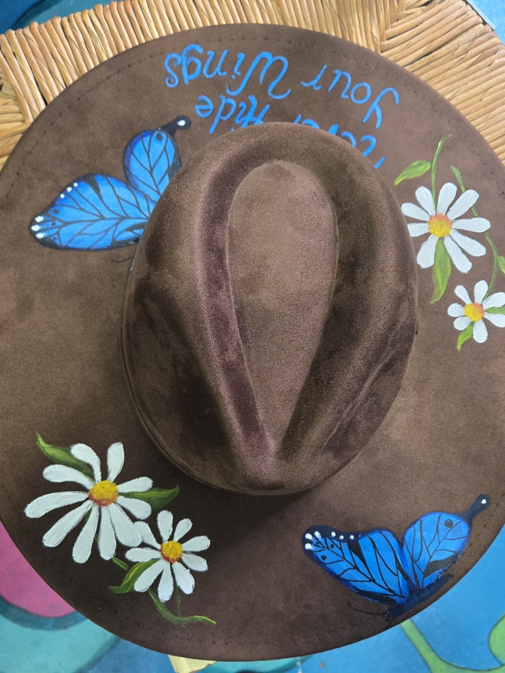 Hand-Painted Brown Adult OS Sun Hat with Blue Butterflies and White Daisies